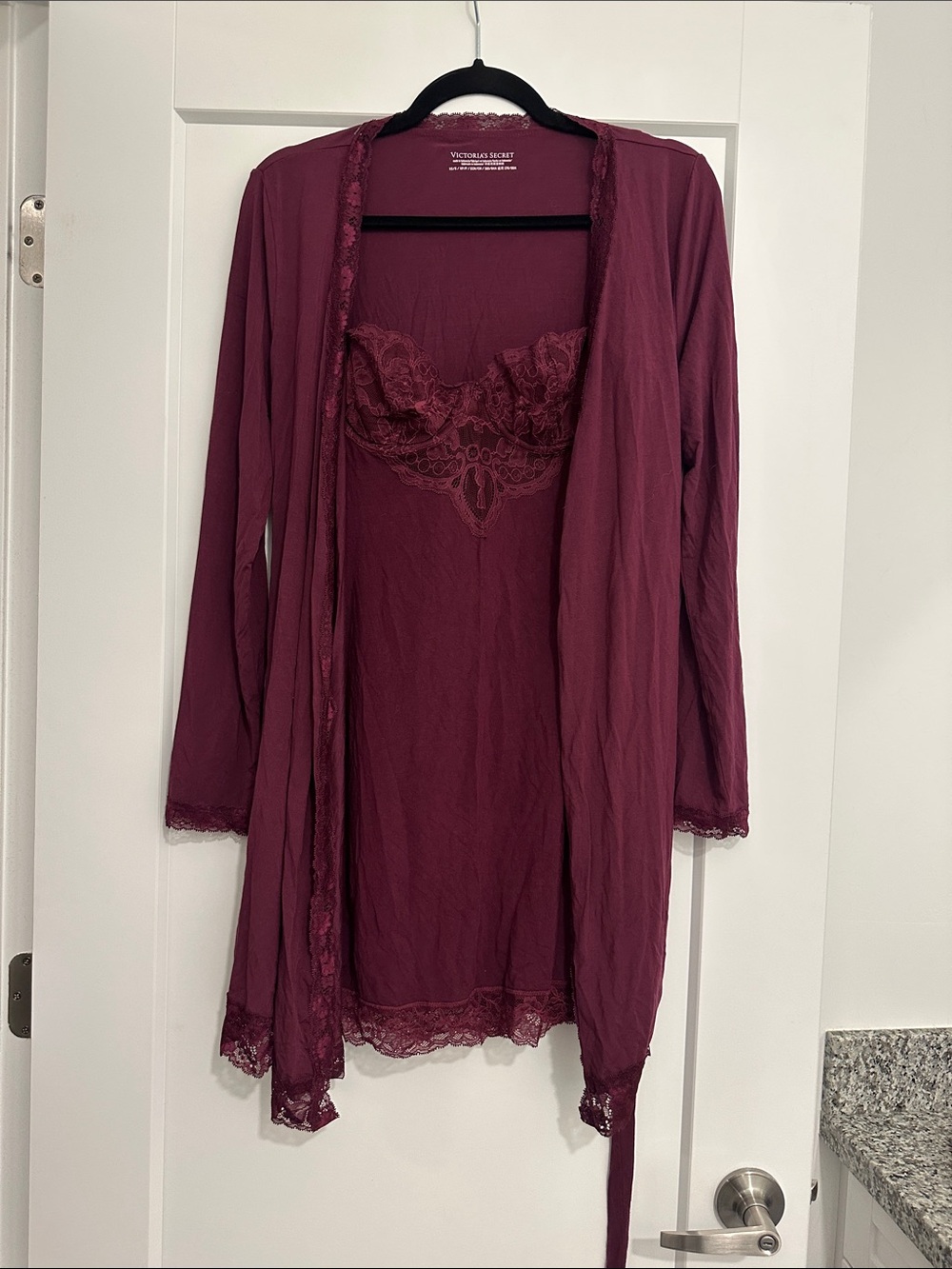 Victoria's Secret Lace-Trim Chemise and Robe Set - Burgundy